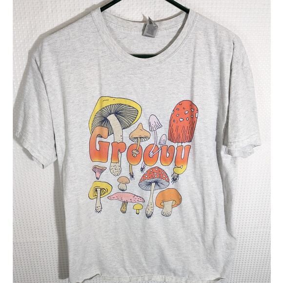 Groovy Mushroom T Shirt L Gray Short Sleeve Psychedelic Graphic Retro 70s Tee - Picture 1 of 5